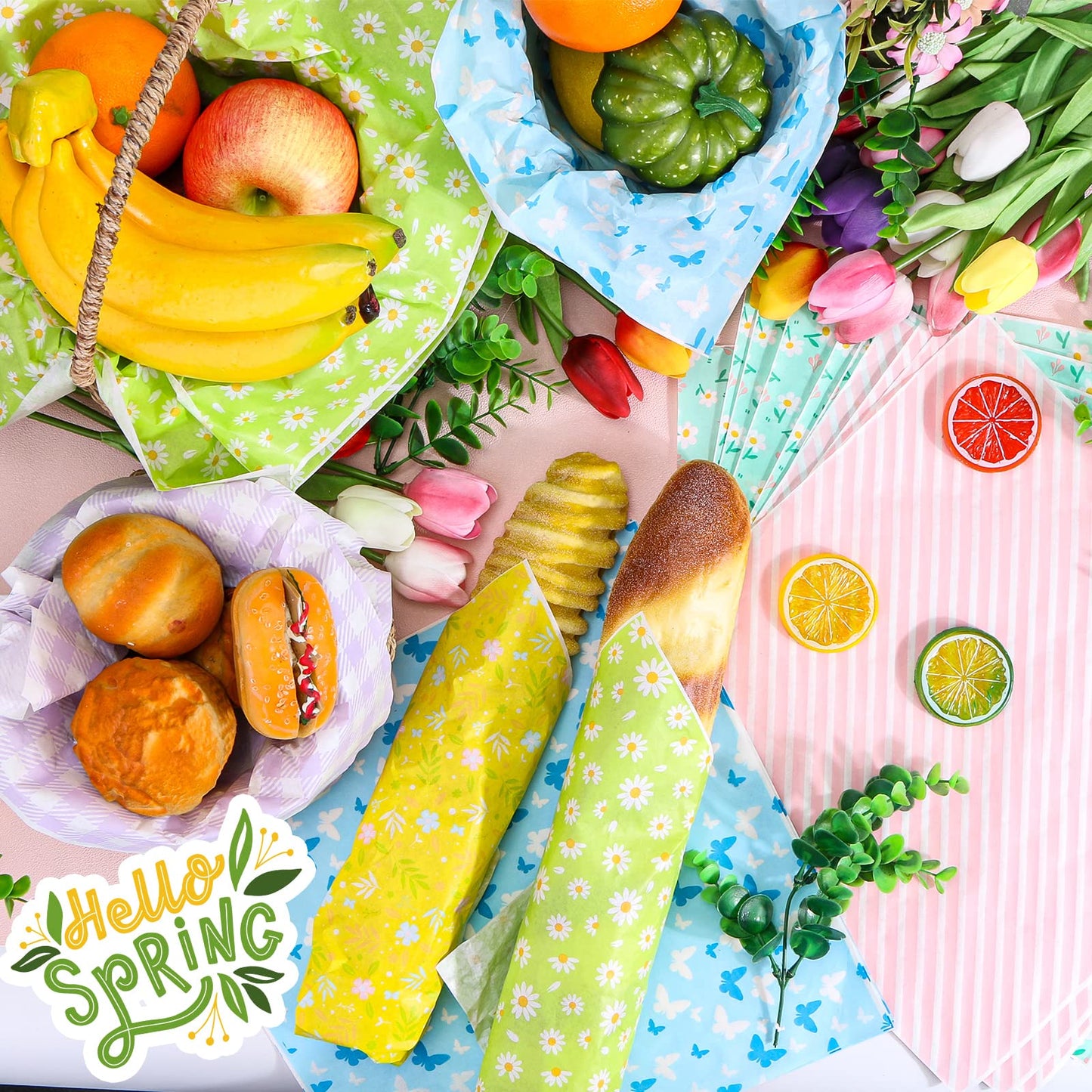 240Pcs Wax Paper Dry Waxed Deli Paper Sheets 12x12 inch Sandwich Wrap Paper Floral Parchment Sheets Basket Liner Food Paper Sheets for Carnival Home Kitchen Picnic Spring Summer Tea Party Favors