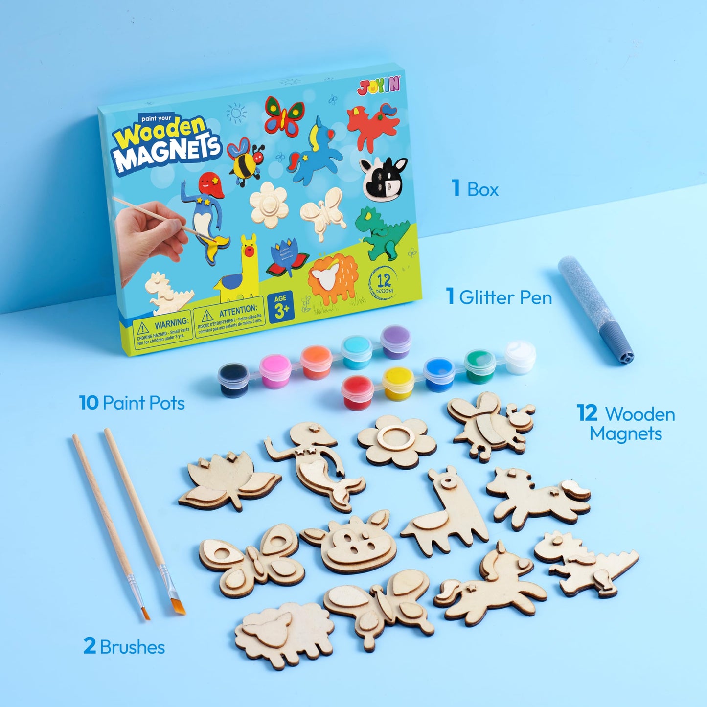 JOYIN 12 Wooden Magnet Creativity Arts & Crafts Painting Kit for Kids, Decorate Your Own Painting Gift for Easter Basket Stuffers, Birthday Parties and Family Crafts, Party Favors for Boys Girls