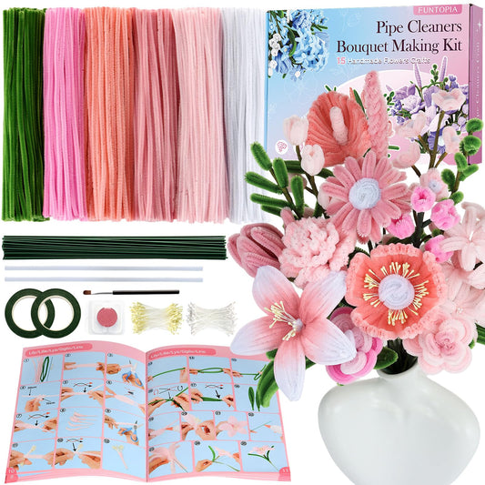 540Pcs Pipe Cleaners Craft, 6 Colors Pipe Cleaners Bulk with 15 Designs Guiding Book, Flower Making Kit with Chenille Stems, Floral Wires & Tape, DIY Bouquets and Party Decorations, (Pink, 12in x 7mm)