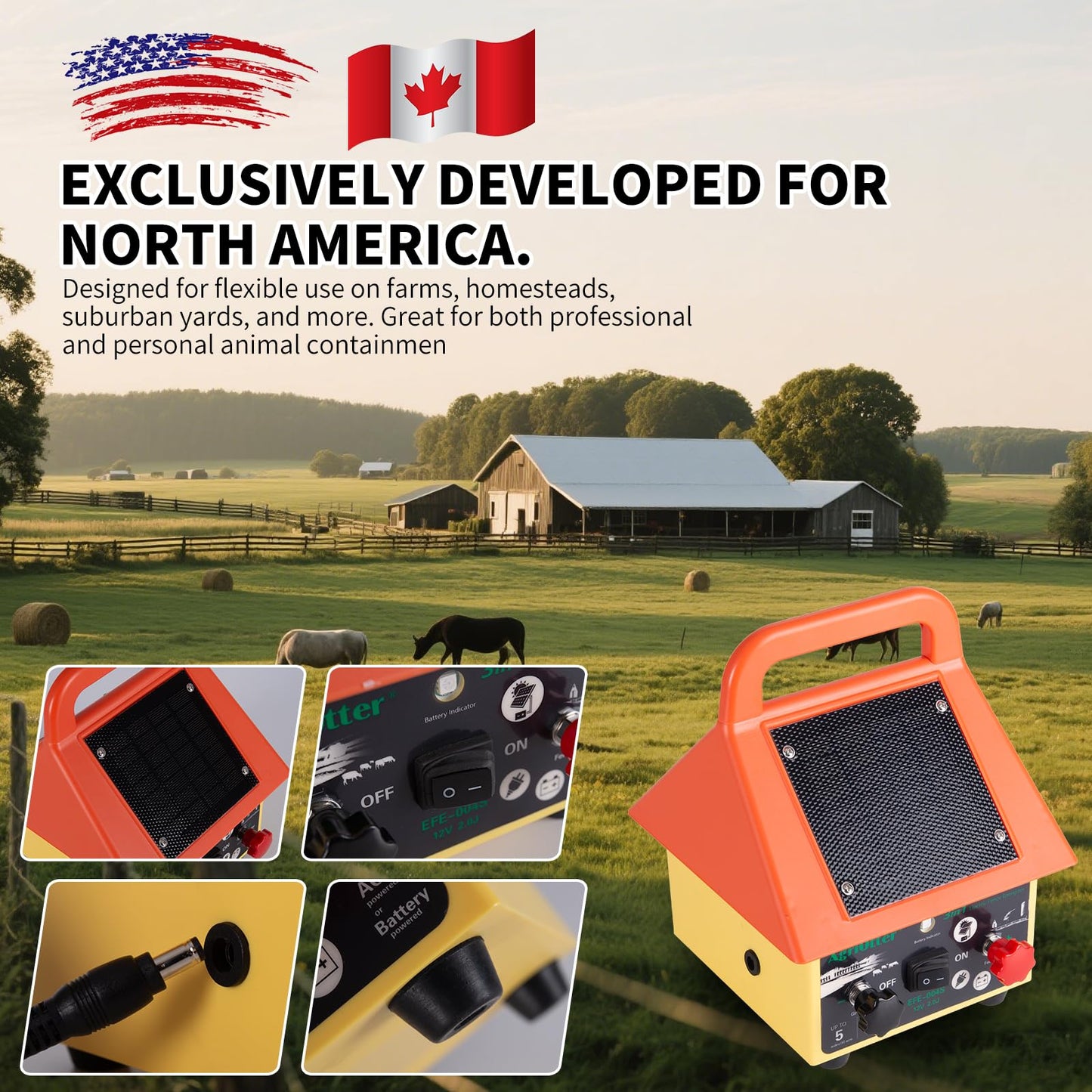 24 Hour Solar Electric Fence Charger,3-in-1 Electric Fence Charger,20 Miles,Solar/BatteryAC Powered Waterproof Design for Livestock Wildlife Control & Property Protection
