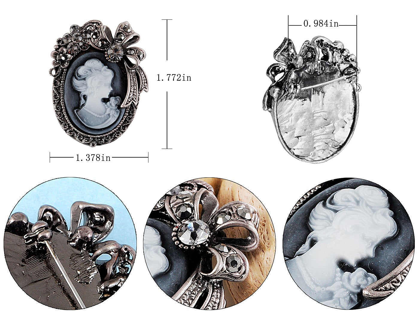 Alilang Vintage Inspired Crystal Rhinestone Victorian Lady Cameo Brooch Pin Maiden Flower Ribbon Bow Pendant Grey