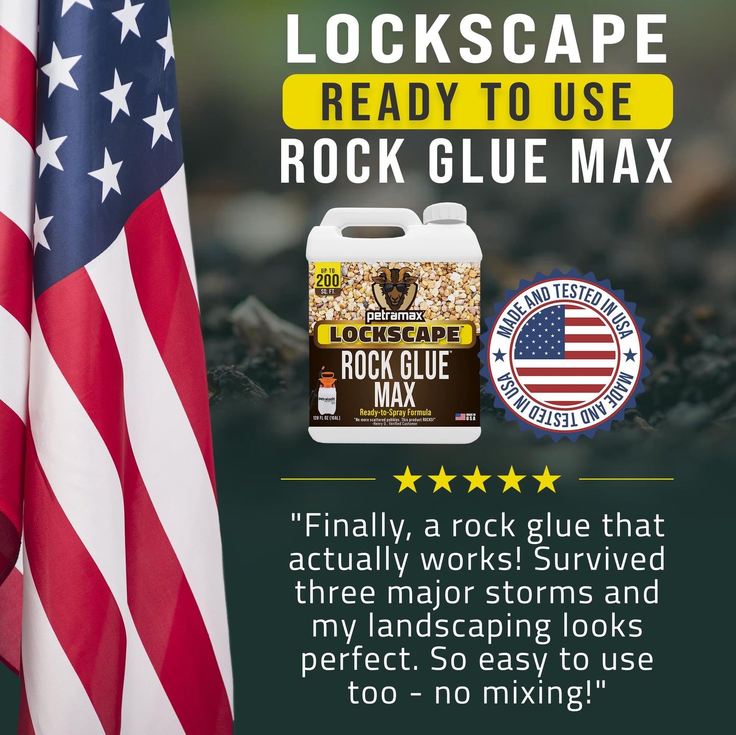PetraMax Lockscape Rock Glue for Landscaping, 1 Gal (Made in USA) - 100% Permeable & Pet-Safe Landscape Adhesive for Stones & Pebbles - Ready to Spray Pea Gravel Binder & Mulch Glue for Landscaping