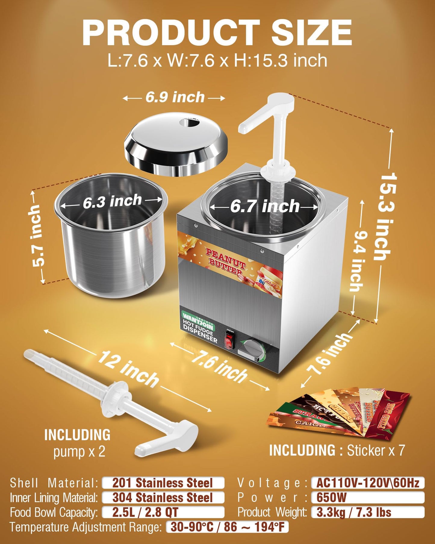 WantJoin 2.8Qt Nacho Cheese Dispenser with Pump Nacho Cheese Warmer,Stainless Steel Hot Fudge Warmer W/5-Level Temperature Adjustment,Commercial Hot Fudge Dispenser for Caramel