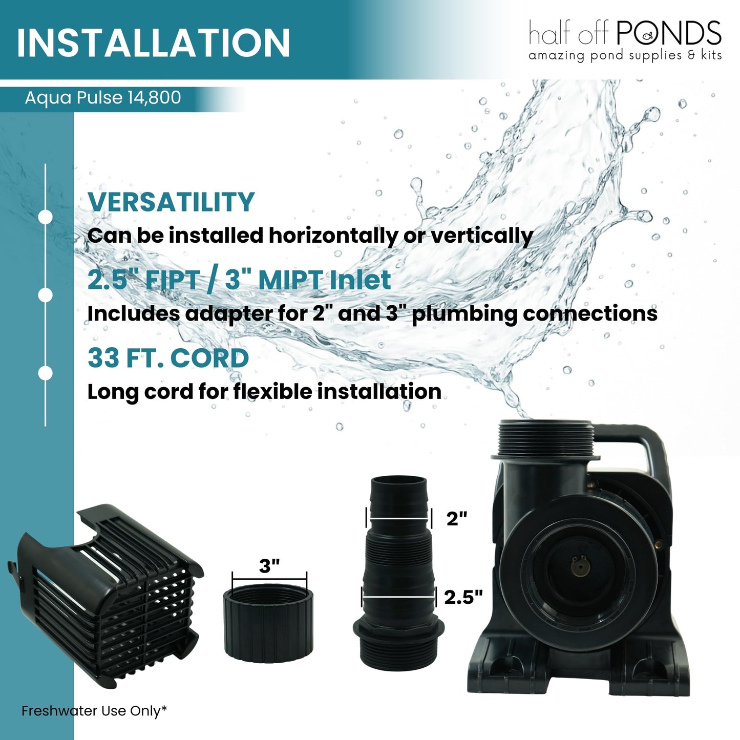 HALF OFF PONDS Submersible Water Pump, 14,800 GPH Pond Pump with 33FT Power Cord and 35.5FT Max Head, 1,100W Ultra Quiet Energy Efficient Pump for Koi Pond, Fountain, Waterfall, Water Garden, Skimmer