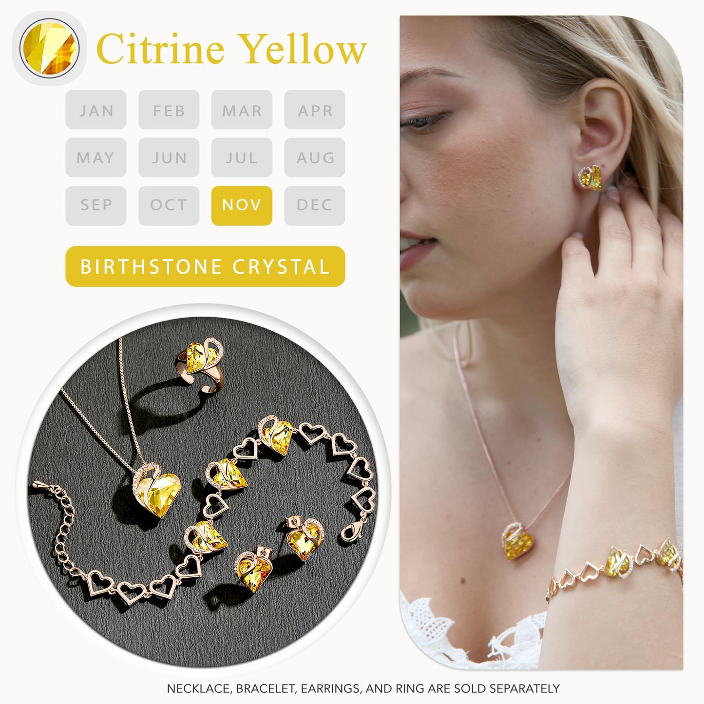 Leafael Gifts for Women Rose Gold Plated Necklaces: Heart Citrine Yellow Crystal, November Birthstone, Hypoallergenic Chain (18"+2"), Birthday Jewelry for Mom and Wife