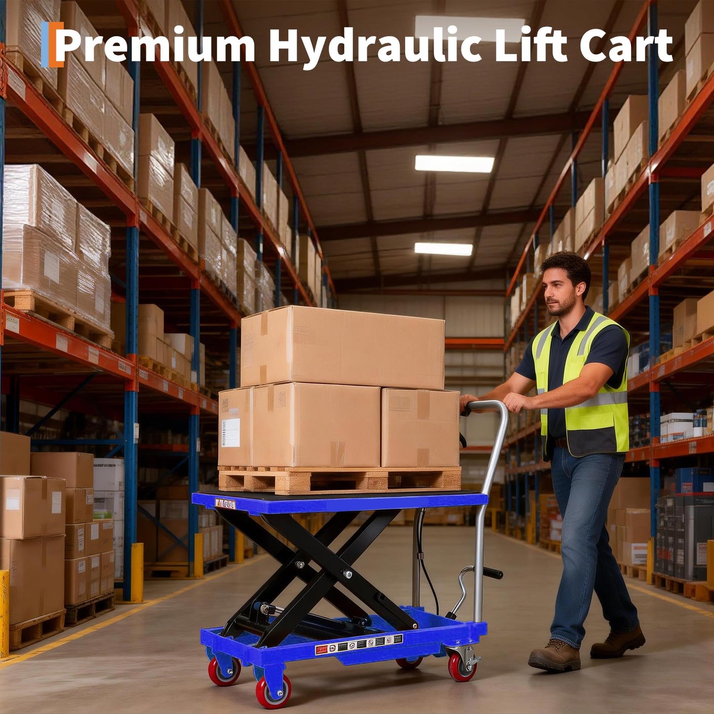 Hydraulic Lift Table Cart,1100lbs Capacity 32.2" Lifting Height,Manual Single Scissor Lift Table with Non-Slip Pad, 4 Wheels & Reflective Strips,for Material Handling & Transportation