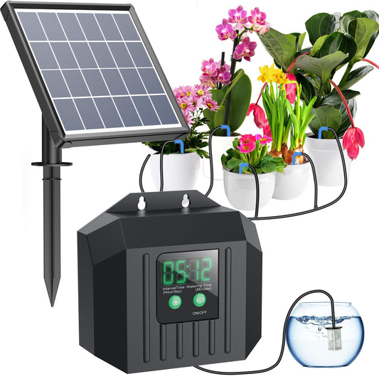 Biling 3W Solar Powered Drip Irrigation System, Digital Programmable Automatic Watering Kit with 2200mAh Battery for 15 Potted Plants, Indoor/Outdoor Use for Garden, Patio, Greenhouse