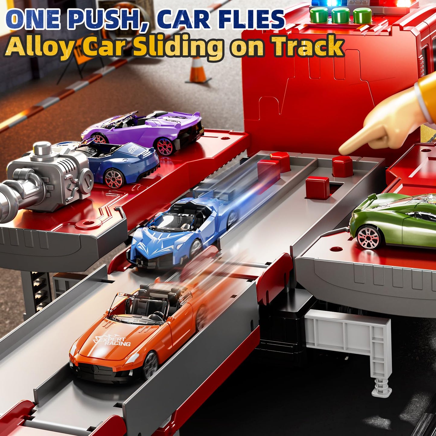 DULONIME Fire Trucks for Toddlers 1-3, Firetruck Toys for Toddlers 1-3 3-5, Folded Carrier Truck Race Track with 6 Racing Car Toys, Light Sound, Birthdays for Kids Girls Aged 3-9