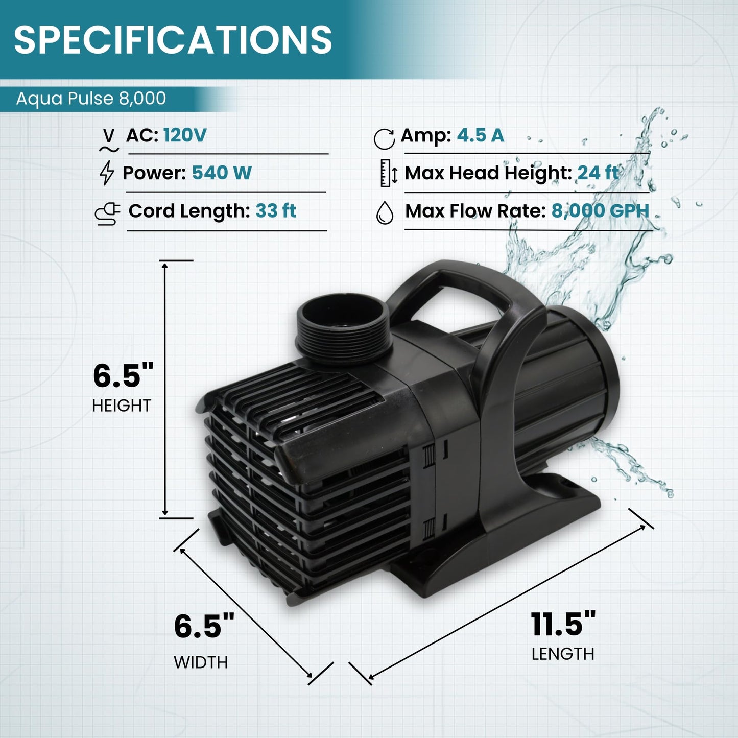 HALF OFF PONDS Submersible Water Pump, 8,000 GPH Pond Pump with 33FT Power Cord and 24FT Max Head, 540W Ultra Quiet Energy Efficient Pump for Koi Pond, Fountain, Waterfall, Water Garden, Skimmer