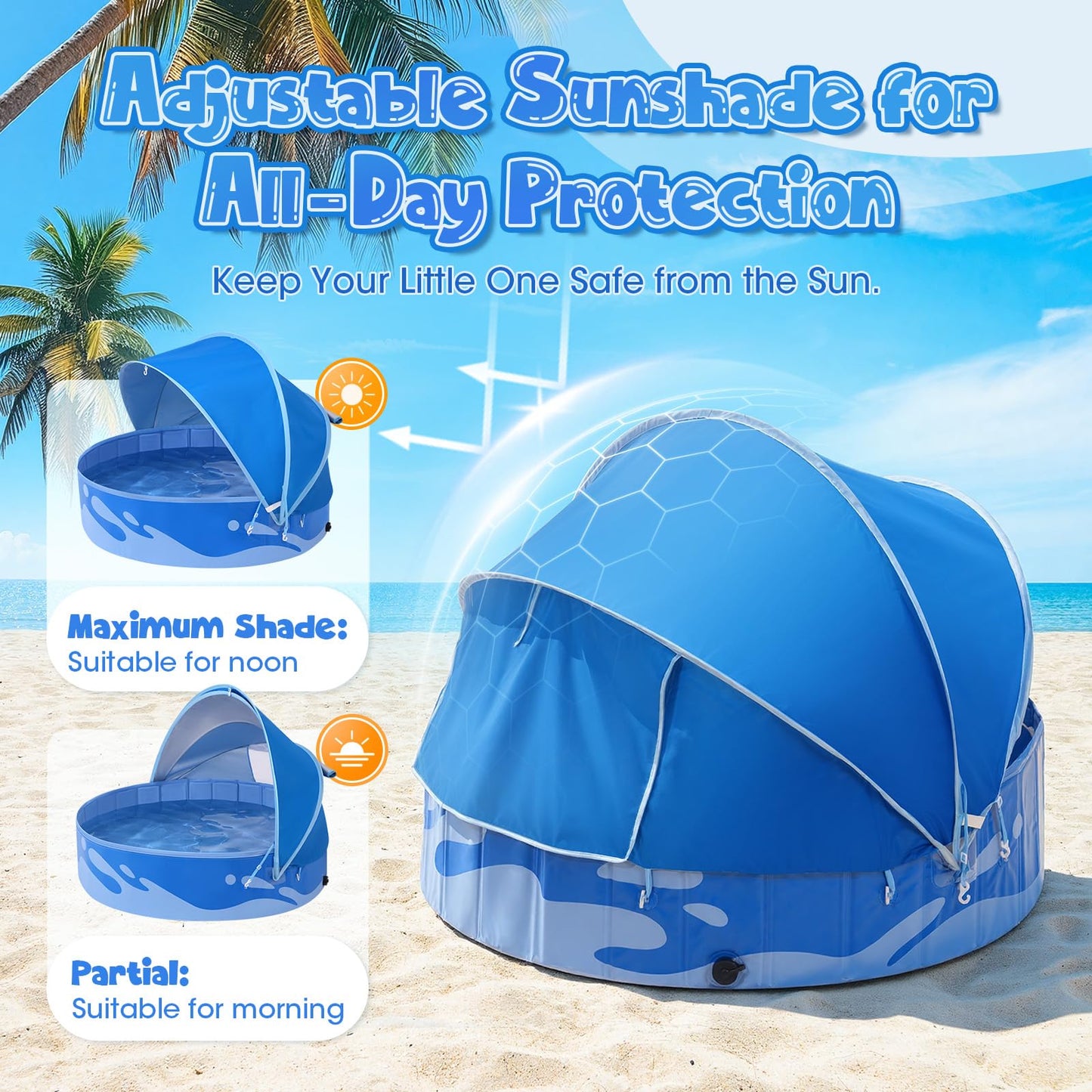 Peradix Paddling Pool for Kids and Dogs, 48" Portable Baby Pool with Canopy for Toddlers Summer, Foldable Kiddie Tent with Sun Shade Outside Water Toys for Backyard Beach, Easy Setup & Carrying Bag