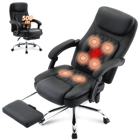 500LBS Massage Office Chair, 6 Points Vibration & Heat Executive Office Chairs, 135°Reclining Comfy Desk Chair with Footrest, Wider & Thicker Seat Cushion, PU Leather Big and Tall Gaming Chair, Black
