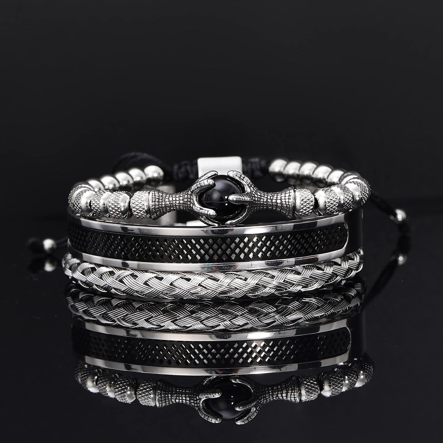 WFYOU 3PCS Stainless Steel Bracelets for Men Gold Roman Numeral Bangle Bracelet Twisted Cable Bracelet Adjustable Cuff Bracelet Mens Luxury Jewelry Bracelets Gifts(L:Black)