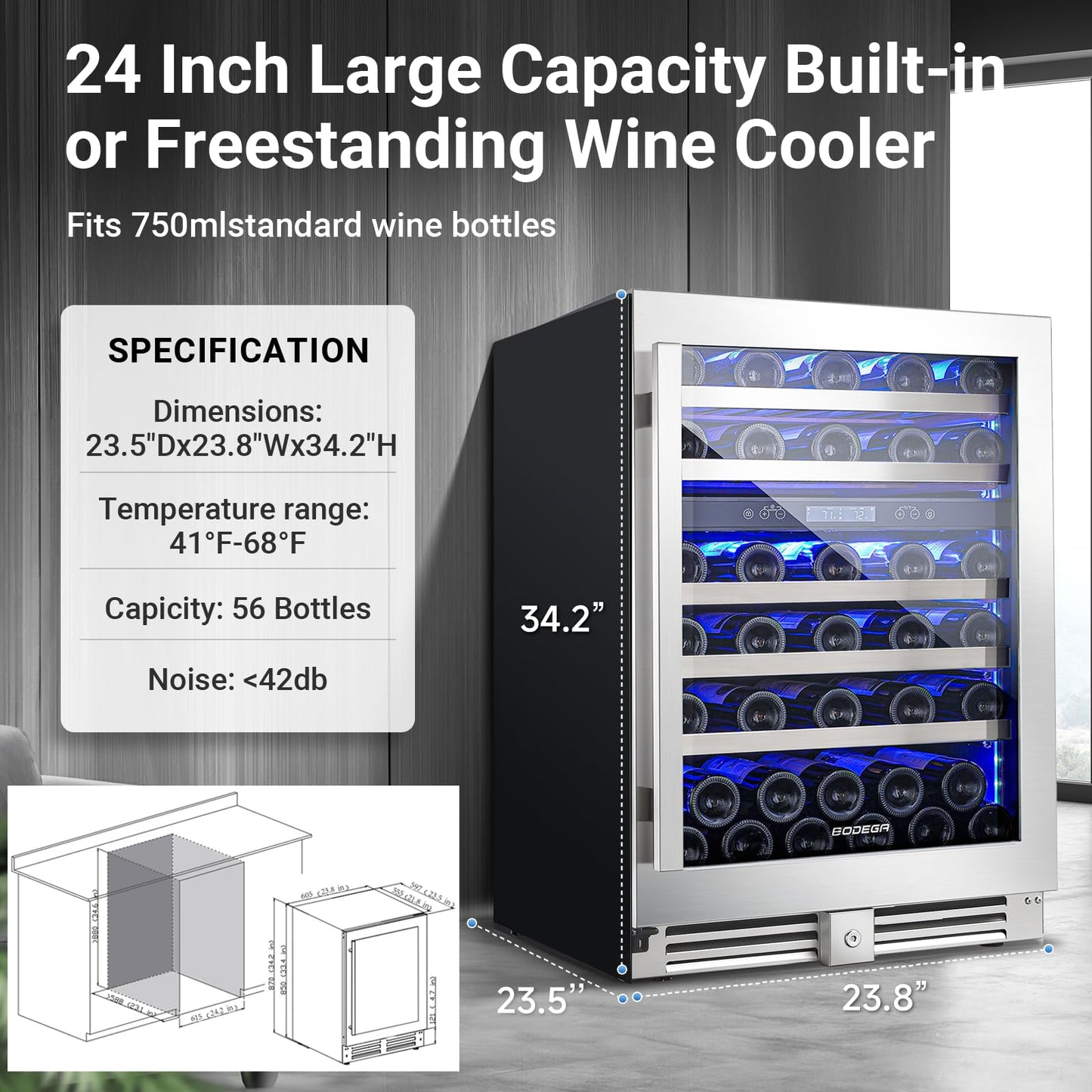 BODEGA 56 Bottles Wine Cooler, 24 Inch Dual Zone Wine Fridge with Double-Layer Glass Door, wine cooler refrigerator with Digital Temperature Control and Temperature Memory,wine cooler for home.