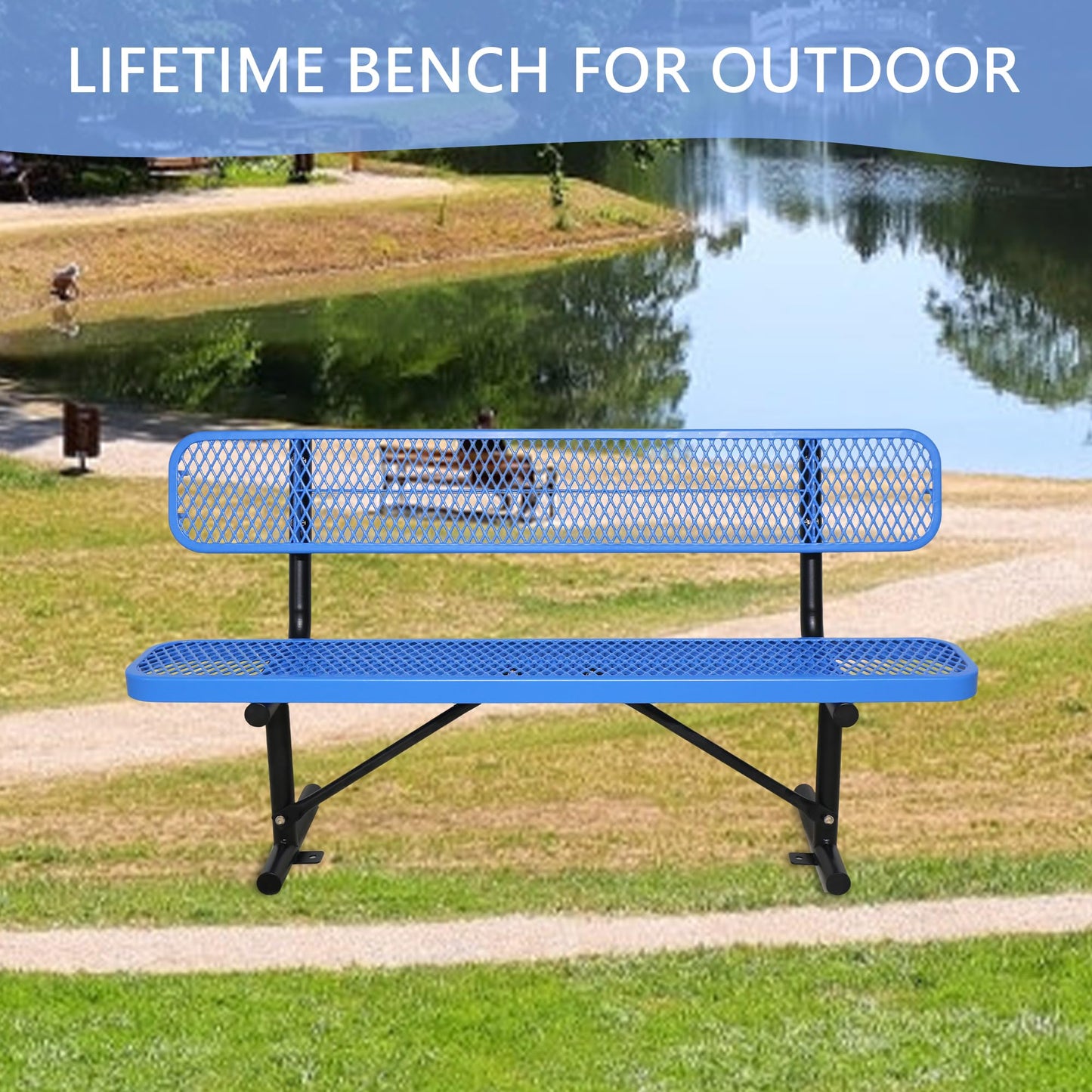 Congfutt 6 Ft Metal Park Bench for Outside, All-Weather Thermoplastic Coating Outdoor Bench with Backrest, Commercial Heavy Duty Benches for Shopping Malls, Stores, Parks, Patios, Decks, Blue