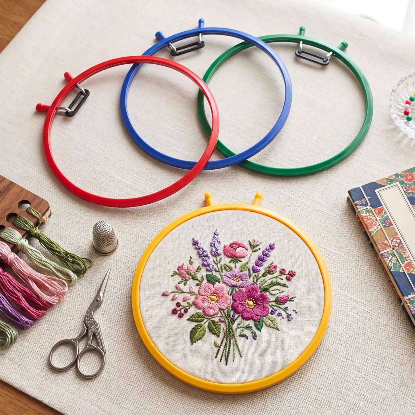 ElaraBerry 4 Pcs 7.7" Metal Spring Tension Embroidery Hoops Red Yellow Blue Green No-Slip Cross Stitch Hoop Circle Round Embroidery Tension Shed for Cross Stitch Needlework Sewing Craft Projects