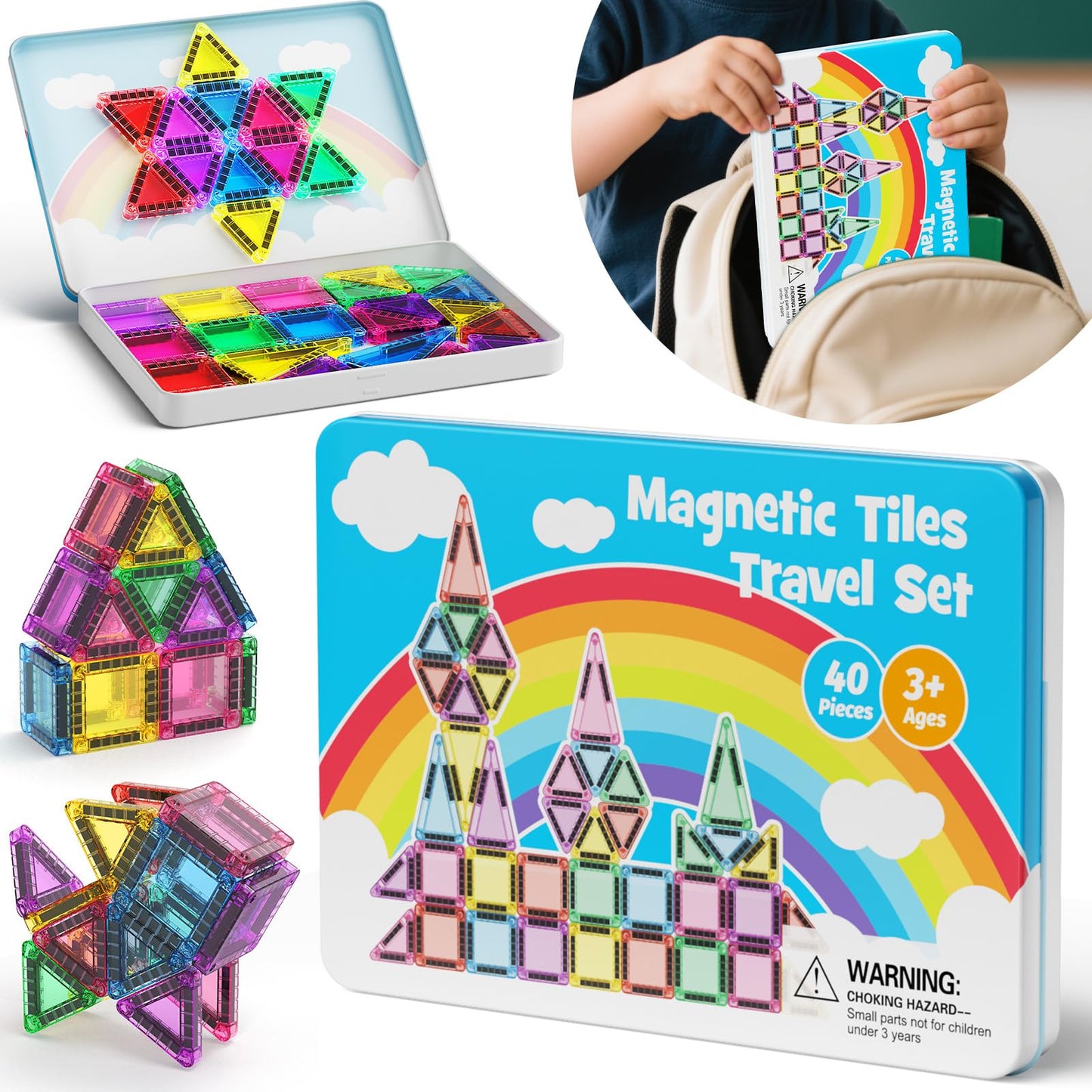 hunloot 40 Pieces Magnetic Tiles for Kids Ages 4-8, Travel Magnetic Building Blocks Set with Iron Box, STEM Outdoor Kids Toys Gift for Boys & Girls 3+ Year Old, Pocket-Sized Classroom Must Haves