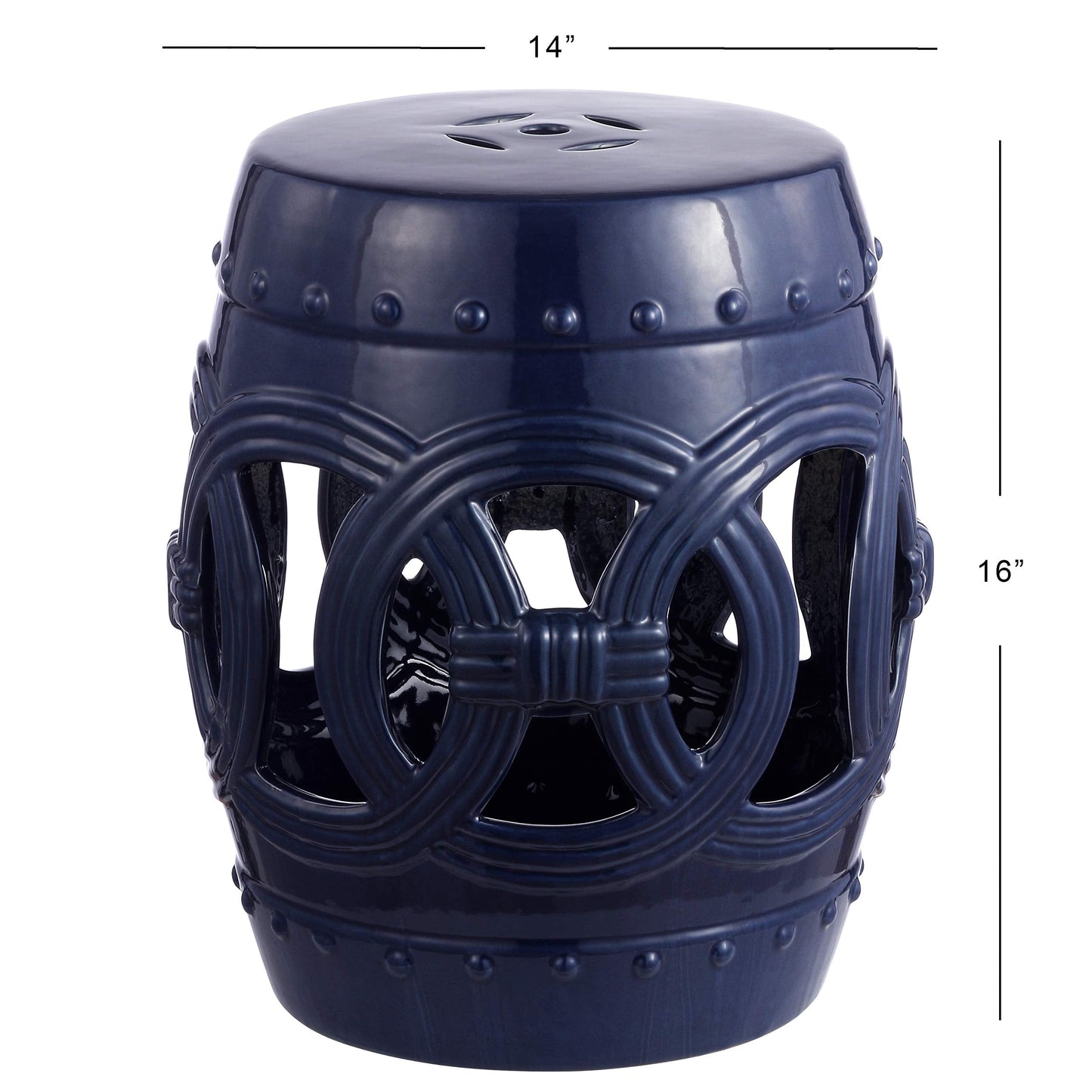 JONATHAN Y TBL1022B Lucky Coins 16" Chinese Ceramic Drum Indoor/Outdoor Garden Stool Bohemian, Coastal, Classic, Cottage, French Country, Traditional, Side Table, Plant Stand, Spill-Proof, Navy