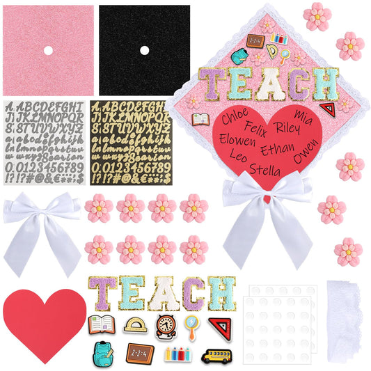 35 Pcs Teacher Theme DIY Graduation Cap Decorations White Lace Trim White Bows Heart Paper Cutouts Iron On Letters Patches Plastic Patches for DIY Hat Grad Cap Topper Graduation Party Supplies