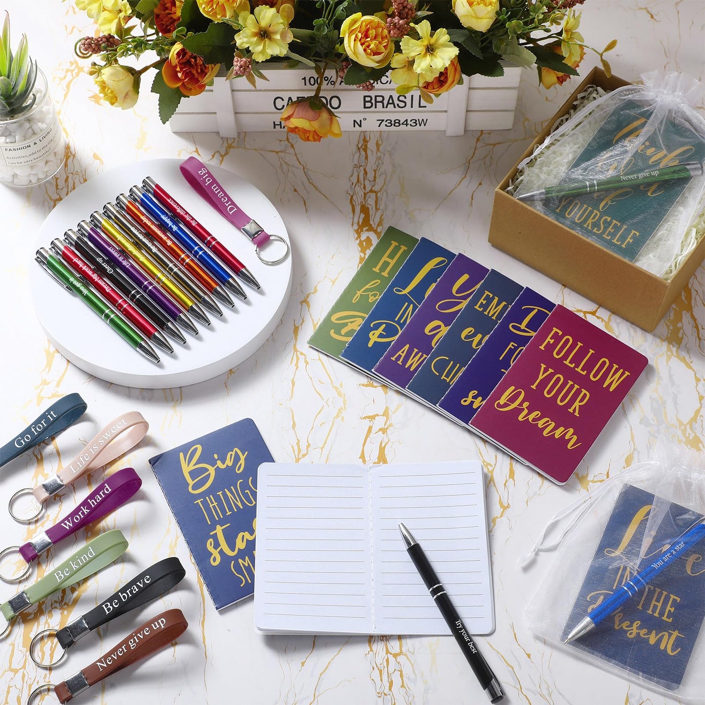 Pajean 128 Pcs Inspirational Gifts Bulk Motivational Notebooks Journal Ballpoint Pens Positive Affirmation Keychains Organza Bags for Students Teachers Employee School Office Prizes Favors Supplies