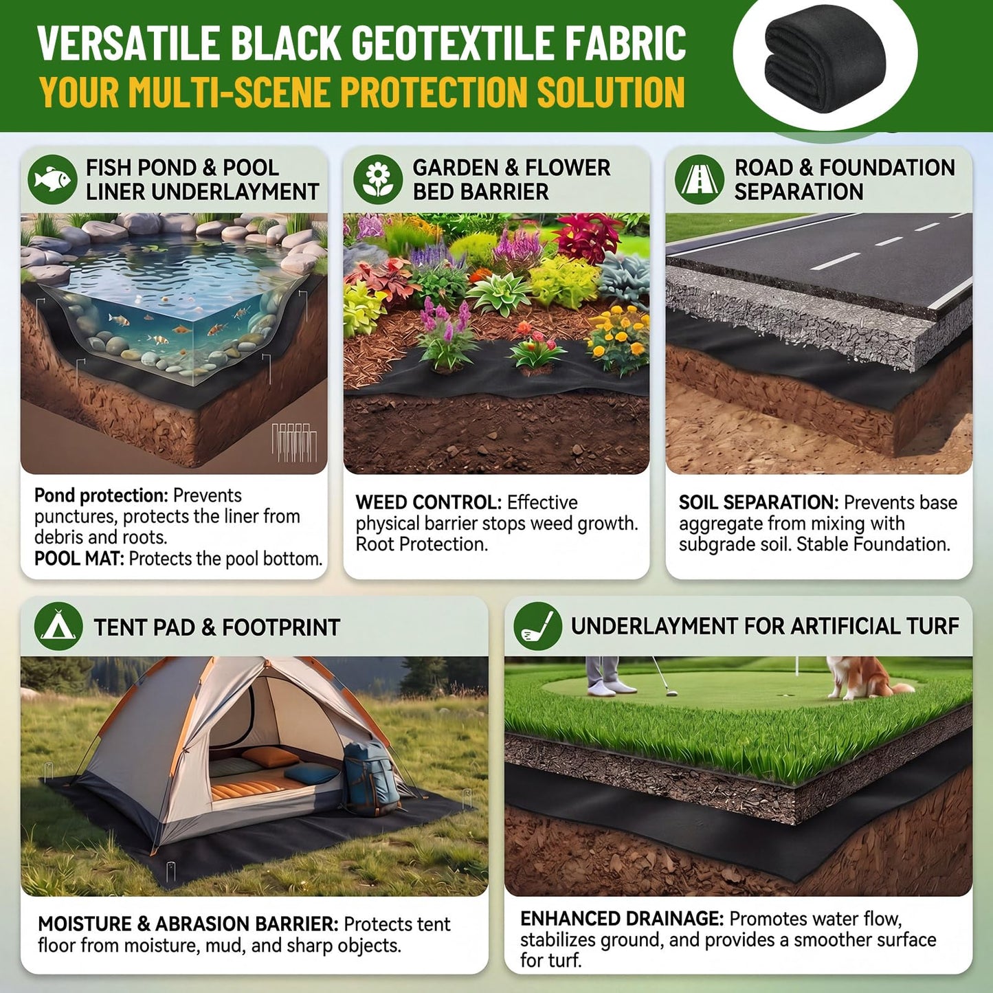 Fanfanwin 20 x 20 ft Pond Liner Underlayment 6oz Heavy Duty Black Non Woven Geotextile Underlayment Fabric with 10 U-pins for Outdoor Pond Streams Fountains Garden Waterfalls Fishpond Weed Barrier