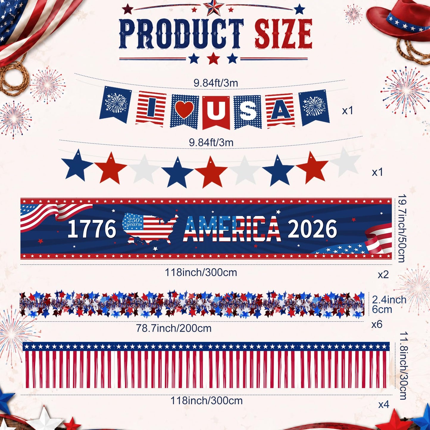 Ceenna 250th Anniversary Parade Float Decor Kit America 1776-2026 250 Years Patriotic Party Supplies with USA Banner Garden Flag Foil Fringe Tinsel Garlands for 4th of July Independence Memorial Day