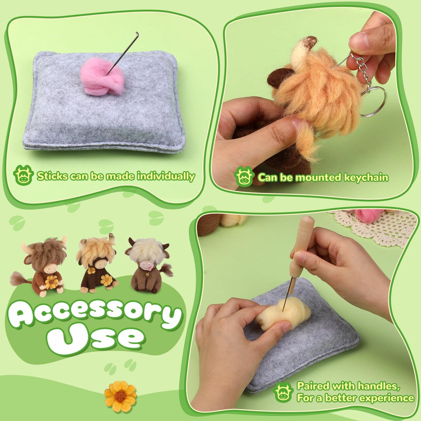 Yizzvb Needle Felting Kit, Highland Cow Family Needle Felting Kits for Beginners Adult with Instruction, Wool, Felting Needles, Felting Pad, Wool Felting Kits for Beginners DIY Home Decoration