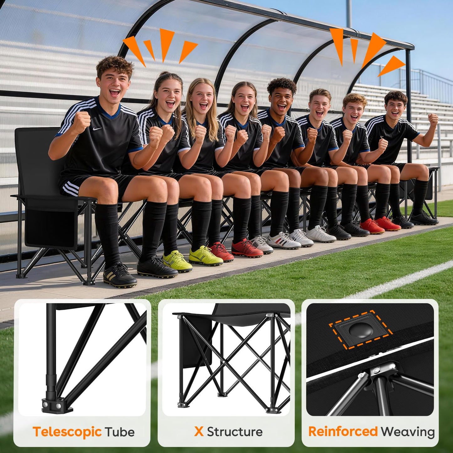 Suteck 8-Seat Folding Bench Seat–Portable Team Bench Soccer with 17.3"x 17.3" Individual Seats, 600D Oxford Fabric & Side Pockets, Heavy Duty Outdoor Bench for Sports, Camping, Patio & Park Events