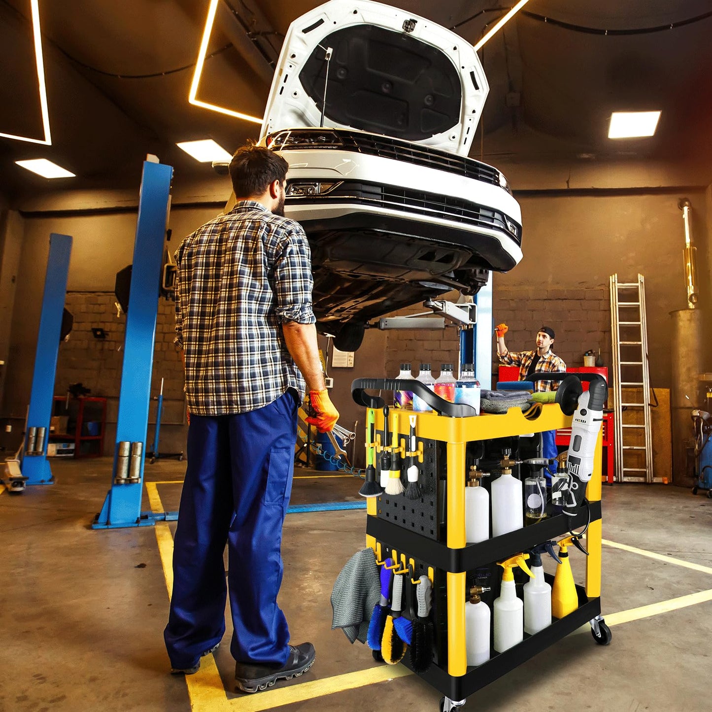 Auto Detailing Cart with Wheels, 3 Tier Car Detailing Cart with Hanging Boards & Hooks, Car Wash Organizer for Garage Workshop DIY Home