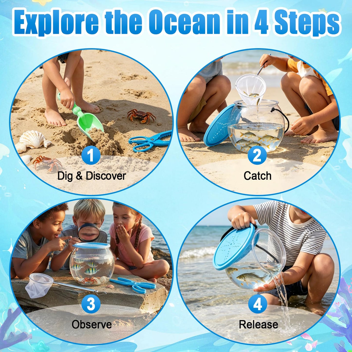 Kids Beach Exploration Kit, Catch & Release Aquarium Toy Set with Net, Crab Tongs, Sand Shovels & Clear Critter Keeper, Beach Toys for Kids Ages 2–12 (Beach, Lake, River)