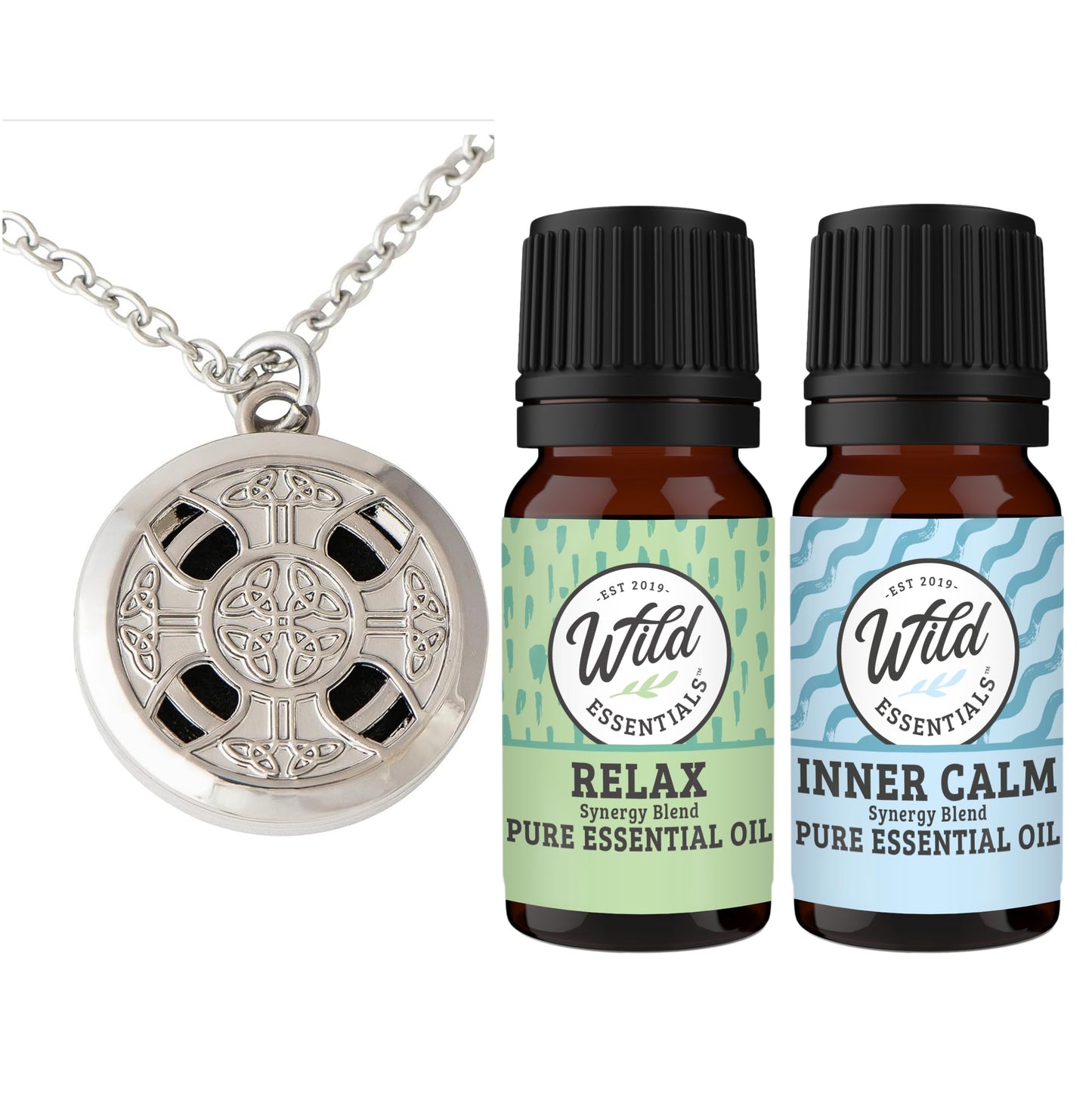 Wild Essentials Celtic Cross Essential Oil Diffuser Necklace Gift Set with Inner Calm & Relax Oils – Nickel Free Alloy Pendant with 12 Color Pads – USA Made Oils & Perfume Necklace – Family Company