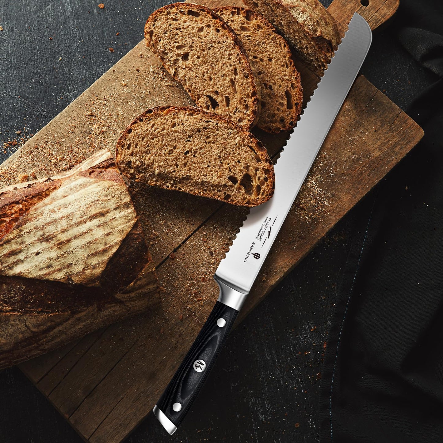 SANMEIHO 10" Bread Knife - Sourdough Slicing Knife Professional 5Cr15MoV Stainless Steel Serrated Knives, Ergonomic Wood Handle & Full Tang Design, Gift Box Included (Single-Edge