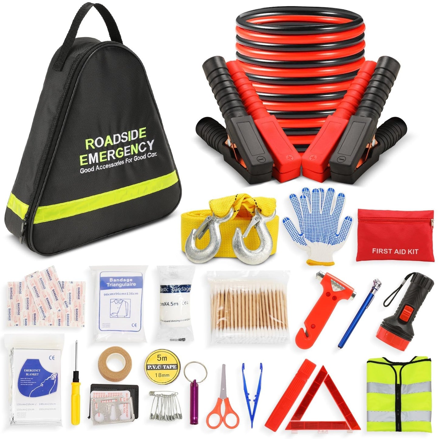 Car Emergency Kit with Jumper Cables, Roadside Safety Emergency Car Kit for Vehicle Truck Motorcycle - Gifts for Men Women Teenagers, Easy Storage(Black)