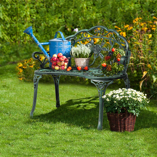Outvita Outdoor Bench, 38"" Cast Aluminum Garden Bench Anti-Rust Weather Resistant Patio Bench Rose Pattern Bench for Front Porch, Backyard, Lawn, 1, Green