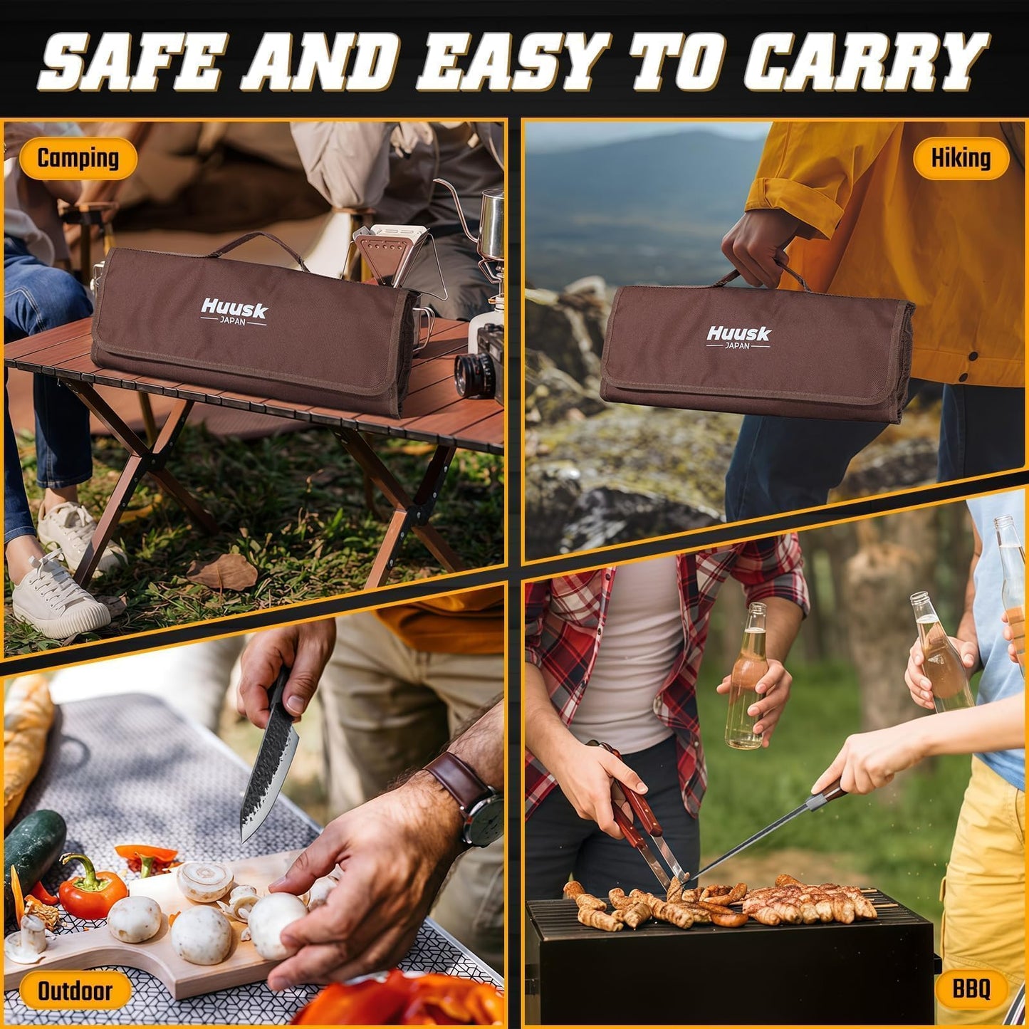 Huusk Chef Knife Set 5Pcs - Hand Forged Meat Cleaver & Chef Viking Knife & Utility Knives, Kitchen Knives Set with Bag for Cooking, Outdoor Camping, BBQ, Gifts for Men