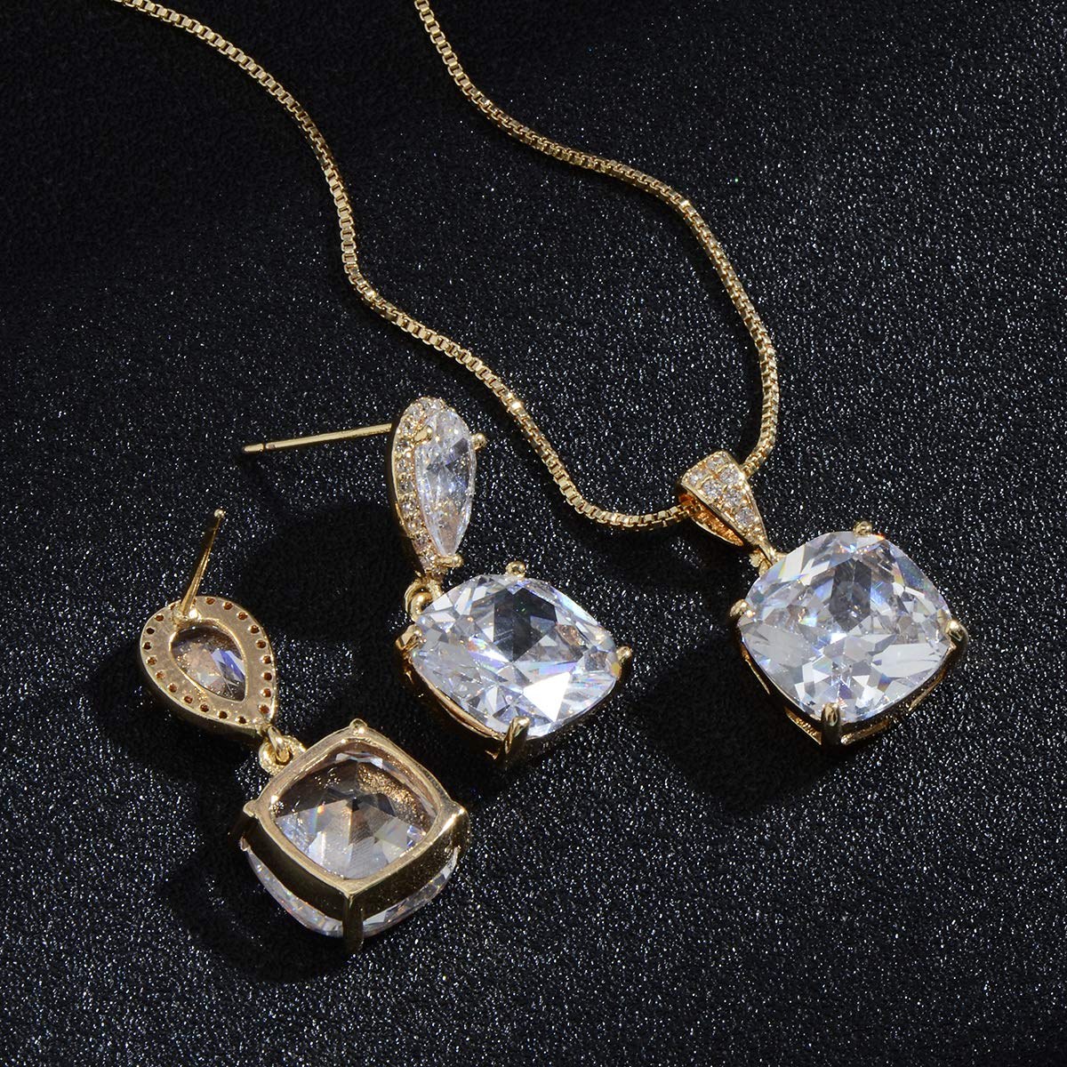 AMYJANE Jewelry Set - Women's Sterling Silver Square Teardrop Clear CZ Rhinestone Necklace and Earrings Set Bridal Jewelry Sets for Wedding Bride Bridesmaids Mother of Bride