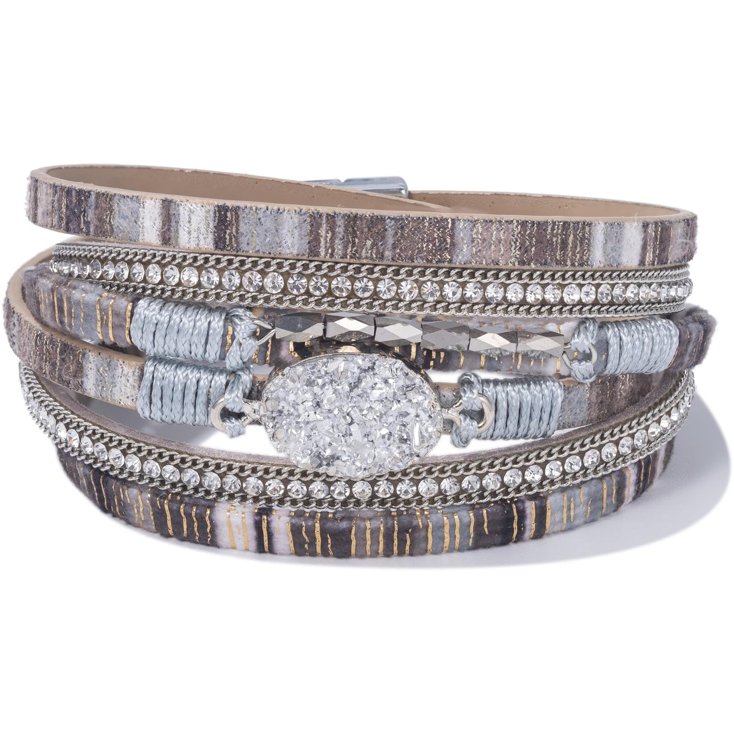 FANCY SHINY Boho Leather Wrap Bracelet Stackable Chunky Crystal Cuff Bracelets with Magnetic Clasp Cowboy Cowgirl Western Summer Beach Outfits Jewelry Gifts for Women (14.7", Boho Silver)