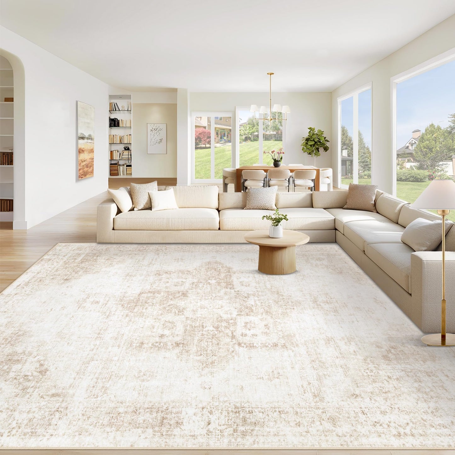 VECARF Area Rug 8x10 Washable Rug, Vintage Boho Medallion Rugs Non-Slip Soft Low Pile Large Distressed Rug Indoor Retro Carpet for Living Room Bedroom Dining Room Home Office (Beige, 8'x10')