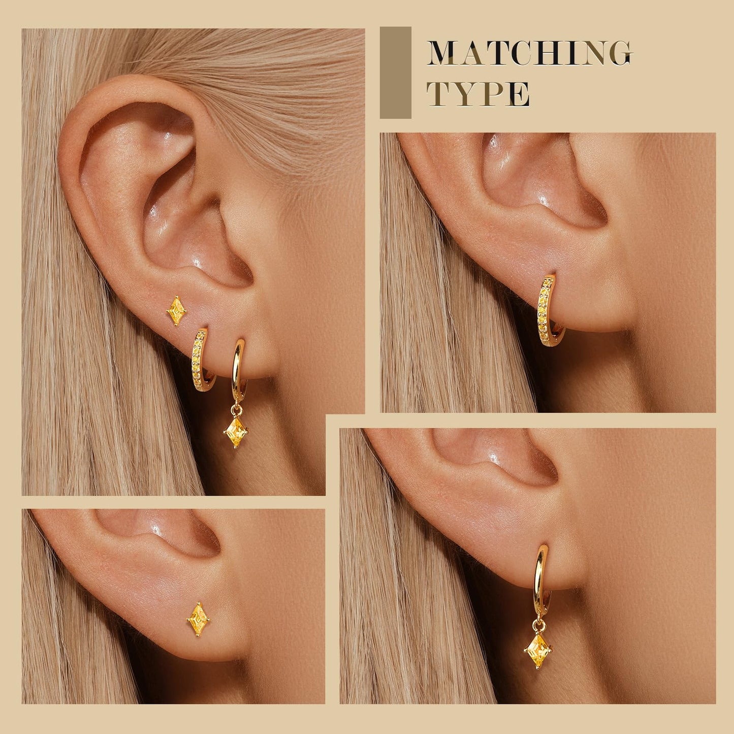 Gold Hoop Earrings Set for Women, Dainty 14K Gold Plated Yellow Earrings, Hypoallergenic Trendy Small Earring Stacks Multiple Piercing, Citrine Diamond Dangle Huggie Earring Jewelry for Women