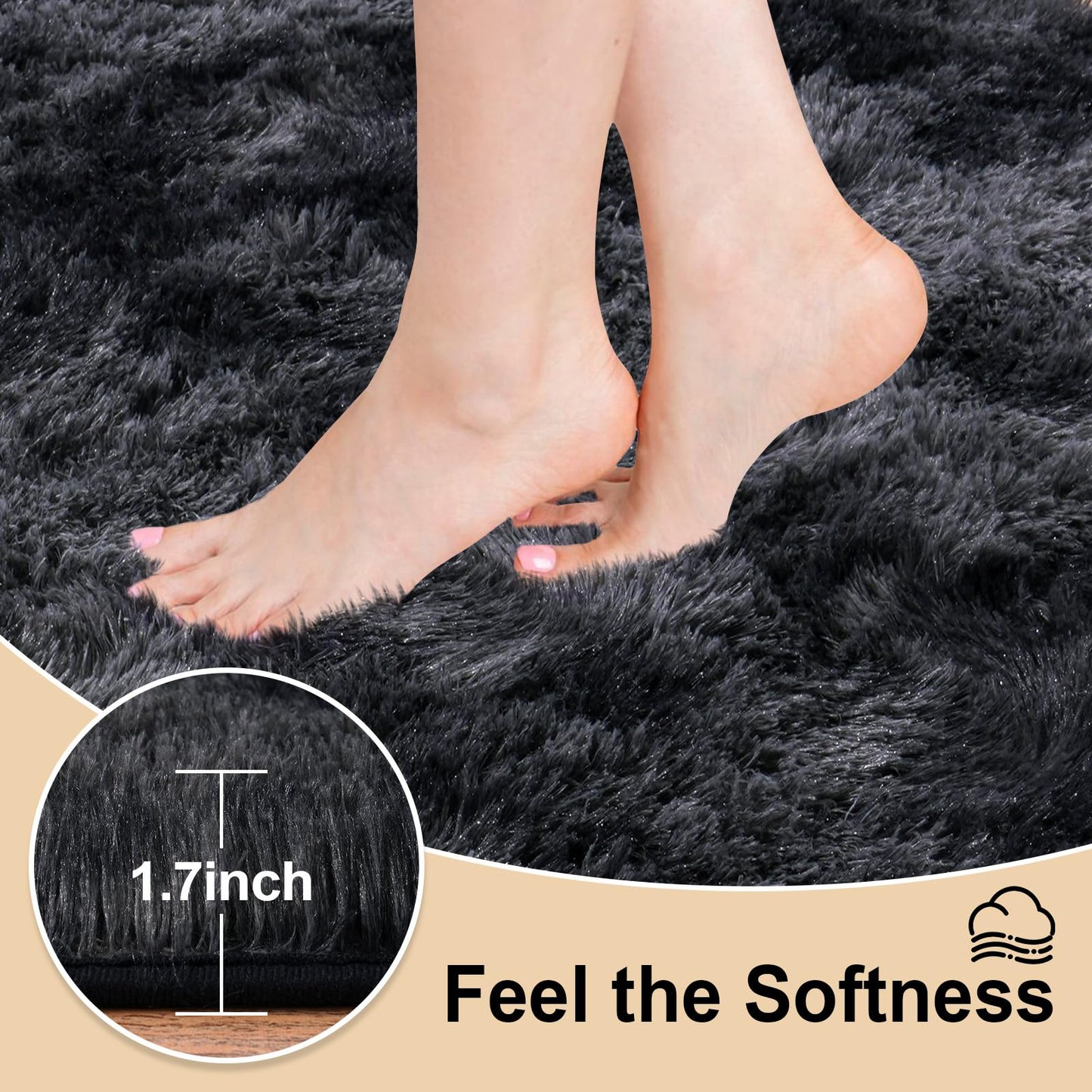 Mugorn 3x5 Rugs for Bedroom, Fluffy Area Rugs for Living Room, Soft Shag Kids Rug Small Carpet with 4 Non-Slip Rug Pads (Black Grey Tie-Dyed, 3ft x 5ft)