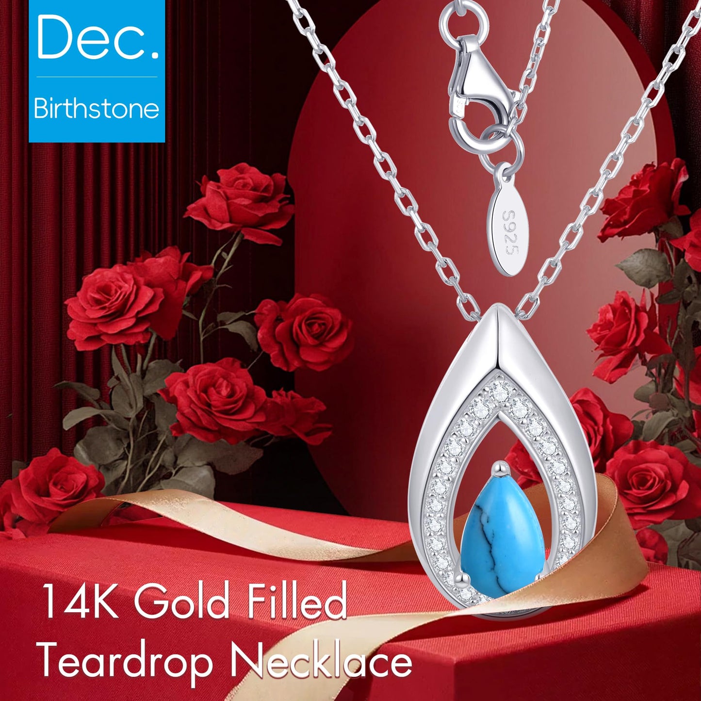Kstyle 925 Sterling Silver Turquoise December Birthstone Pendant Necklace Teardrop Jewelry Valentine's Day Anniversary Birthday Gift for Mom Sister Daughter Girlfriend Her Non Tarnish