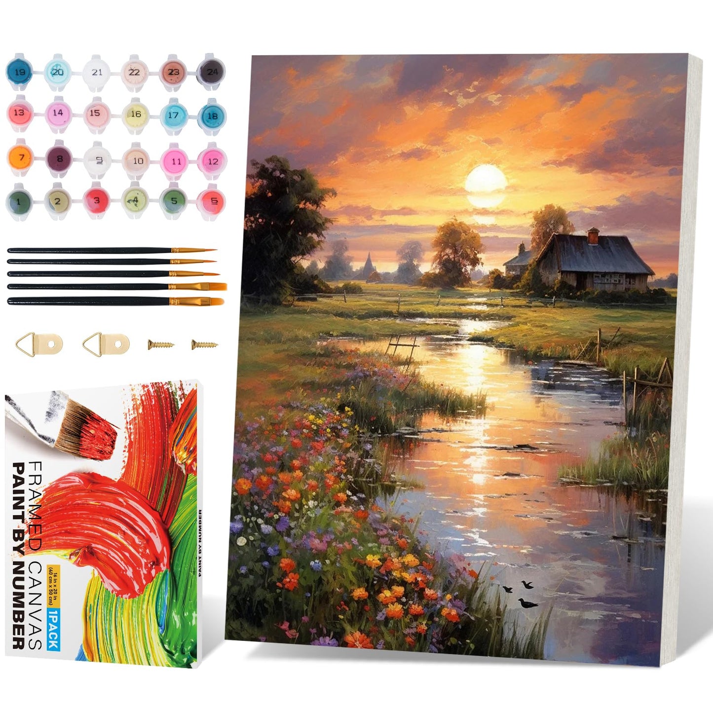Fountor Framed Paint by Numbers Kit for Adults Beginner, Countryside Sunset Adult Paint by Number Kits on Canvas, Riverside Cabin Oil Painting by Numbers for Home Decor Gift 16” W x 20”L