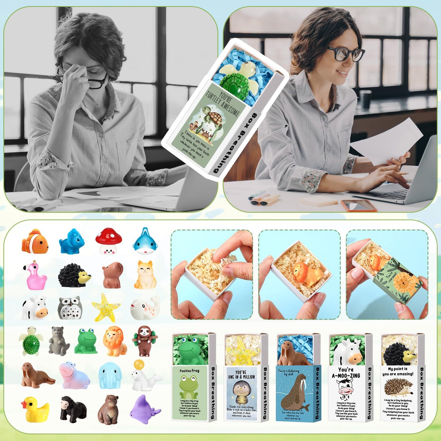 Cinnvoice 100 Sets Emotional Employee Appreciation Gift Bulk Positive Tiny Animals with Inspirational Card Box Breathing Gift for Dispatcher Lab Week Staff Coworker Team Teacher Nurse (Various Styles)