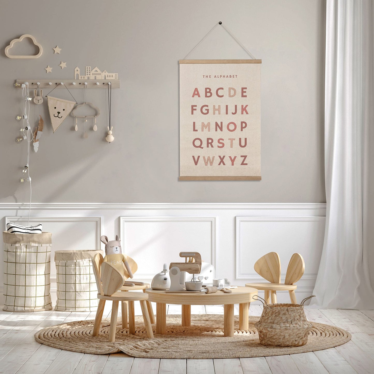 Bon et Beau 16×24 Inch Embroidered Alphabet Poster Framed with Wood Hanger - Dusty Pink Wall Decor for Girls Nursery, Bedroom, Playroom, Toddler and Kids Room