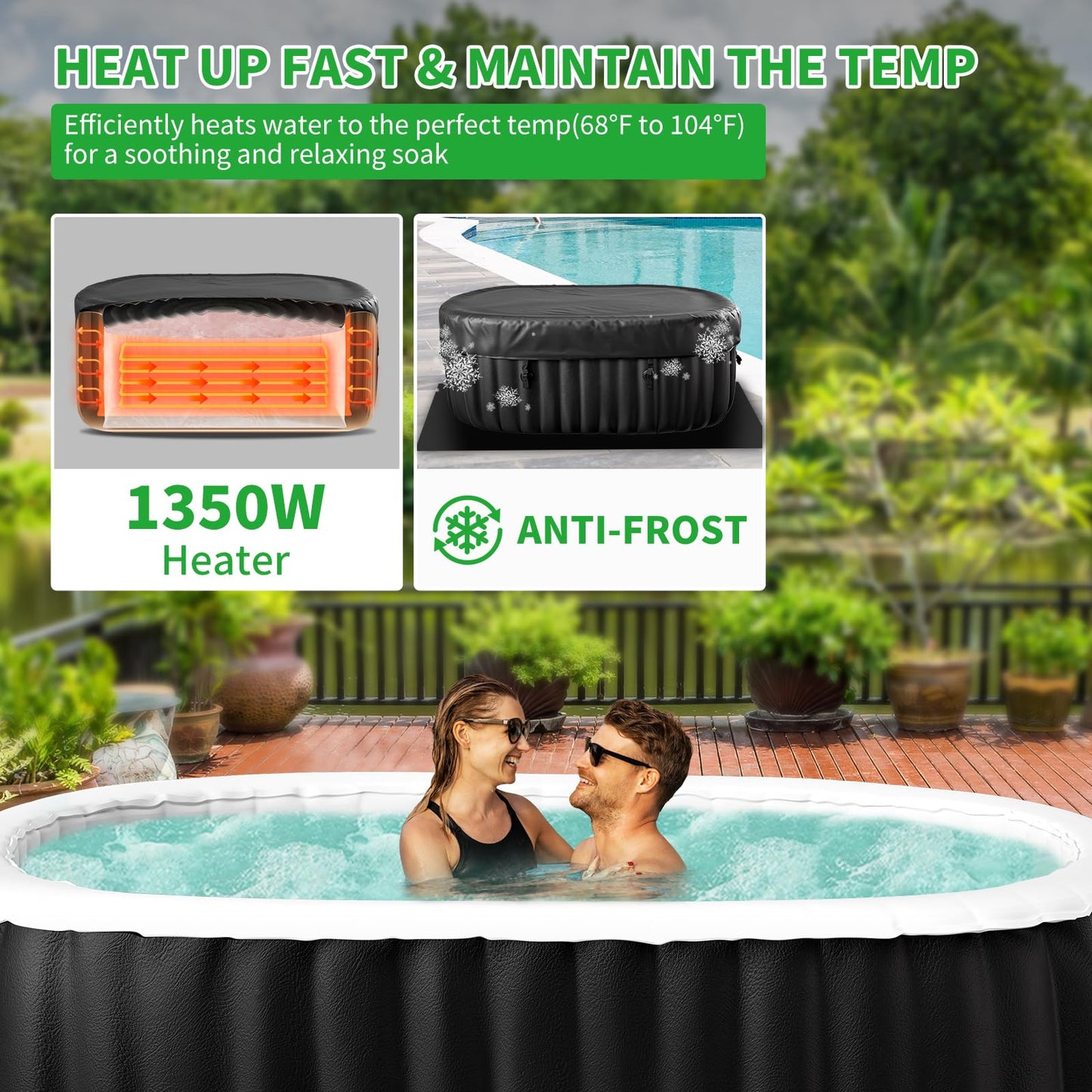 Inflatable Blow Up Hot Tub with LED Lights, 2 Person Oval Portable Hot Tub, Leak-Proof PVC Outdoor Spa with 100 Air Jets, Pump and Insulated Cover, Side Table, 75” X 47”X 25”