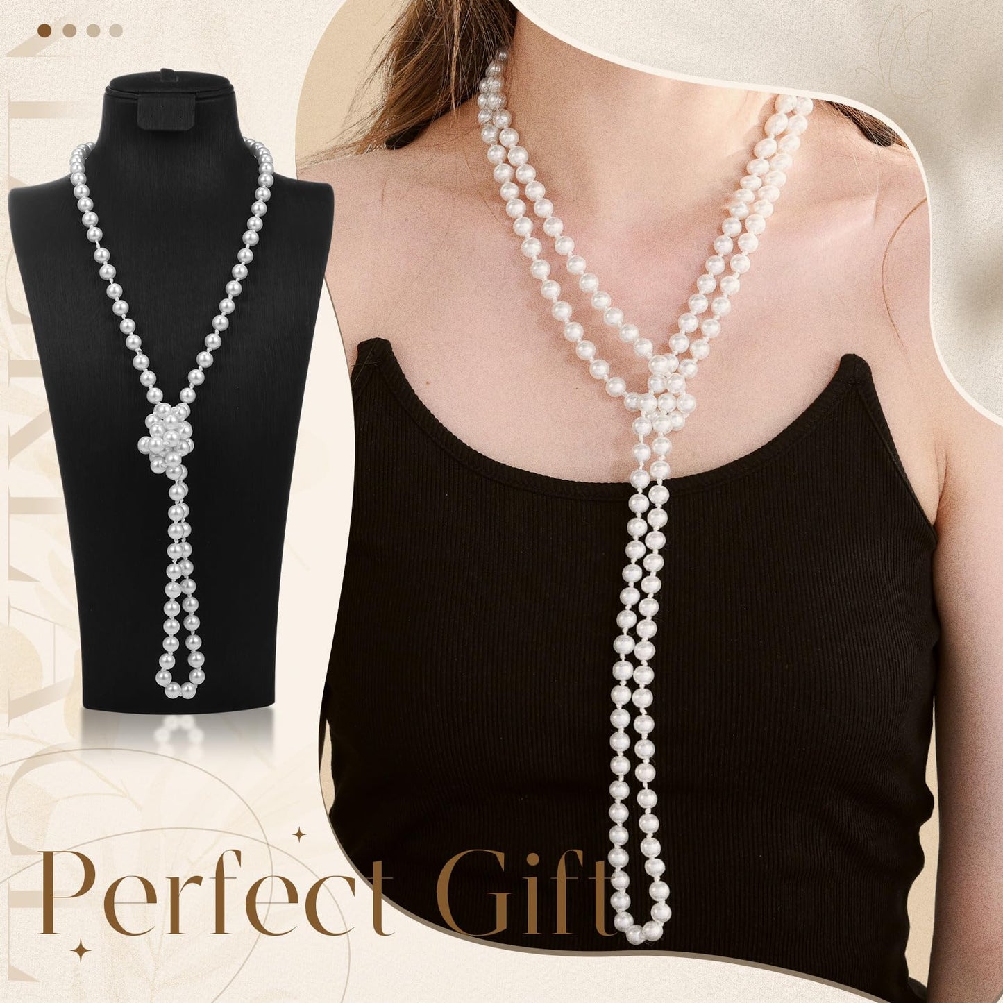 Aurelema 2 Pack Long Pearl Necklace for Women 1920s Costume Party Jewelry Faux Pearls Strand Beads for Ladies(60 Inches,8 mm,Classic,Cream White)