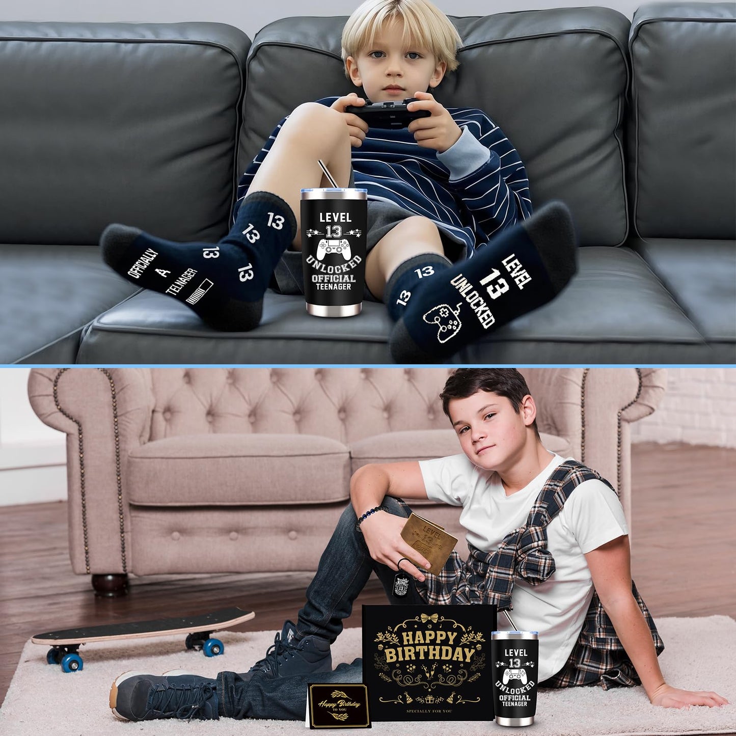 JTAMOHI 8 Pcs Happy 13th Birthday Gifts for Boys, 13 Year Old Boy Birthday Gifts Ideas with 20 Oz Tumbler, Funny Socks, Toilet Paper, Teen Wallet, Bracelet, Keychain for Son, Nephew, Grandson, Brother