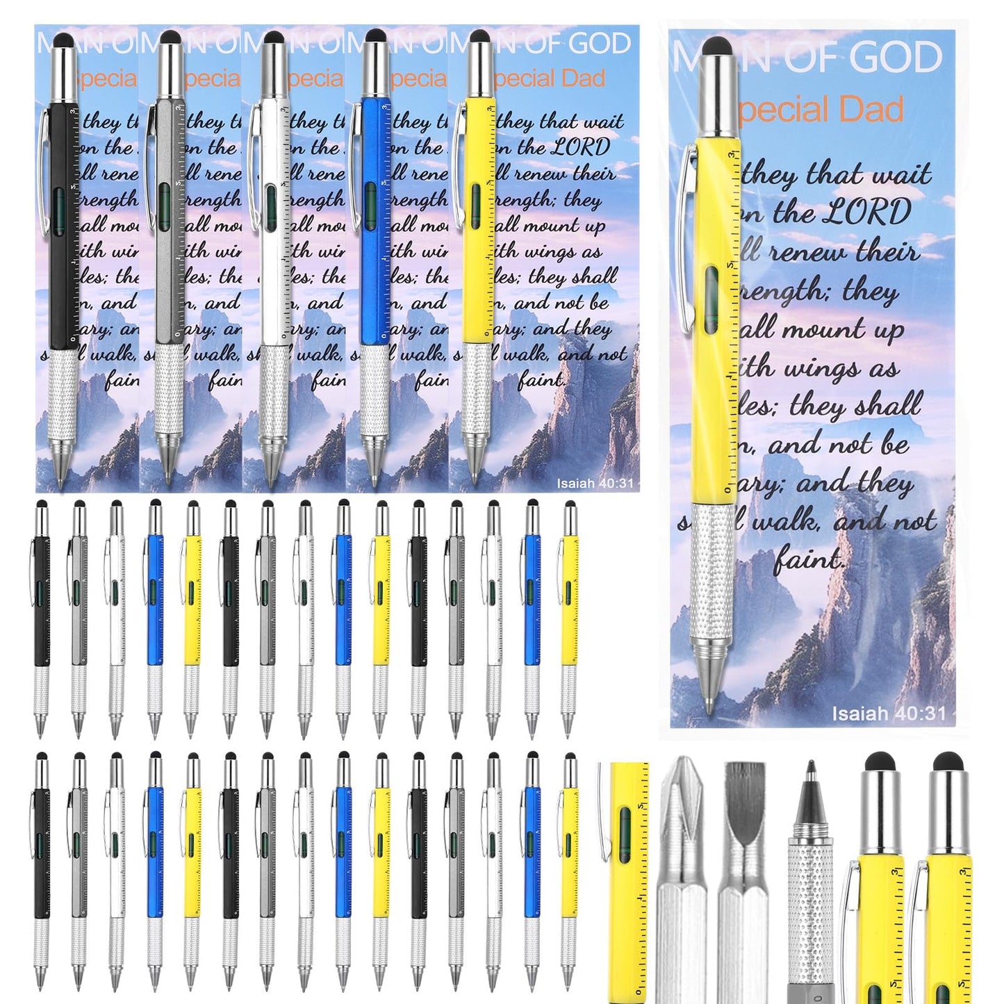 25Set 6 in 1 Multi Tool Pen, Christian Gifts for Men with Bible Verse Bookmarks, Christmas Father's Day Man of God Gifts, Church Pastor Bulk Gift, Screwdriver Pen Multi Tool Gadget for Husband