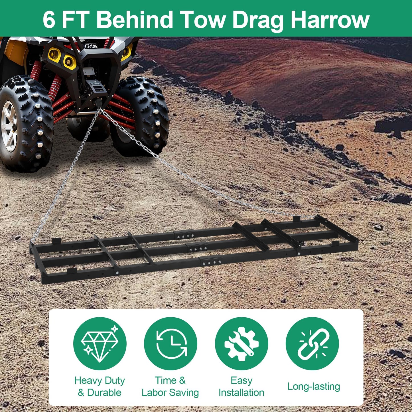 Toriexon 6 FT Drag Harrow Driveway Grader, Heavy Duty Power Rake w/ 5 FT Chain, Tow Behind Lawn Rake for ATV, UTV, Tractor, Mower, Land Leveler for Gravel, Sand, Soil, Hay