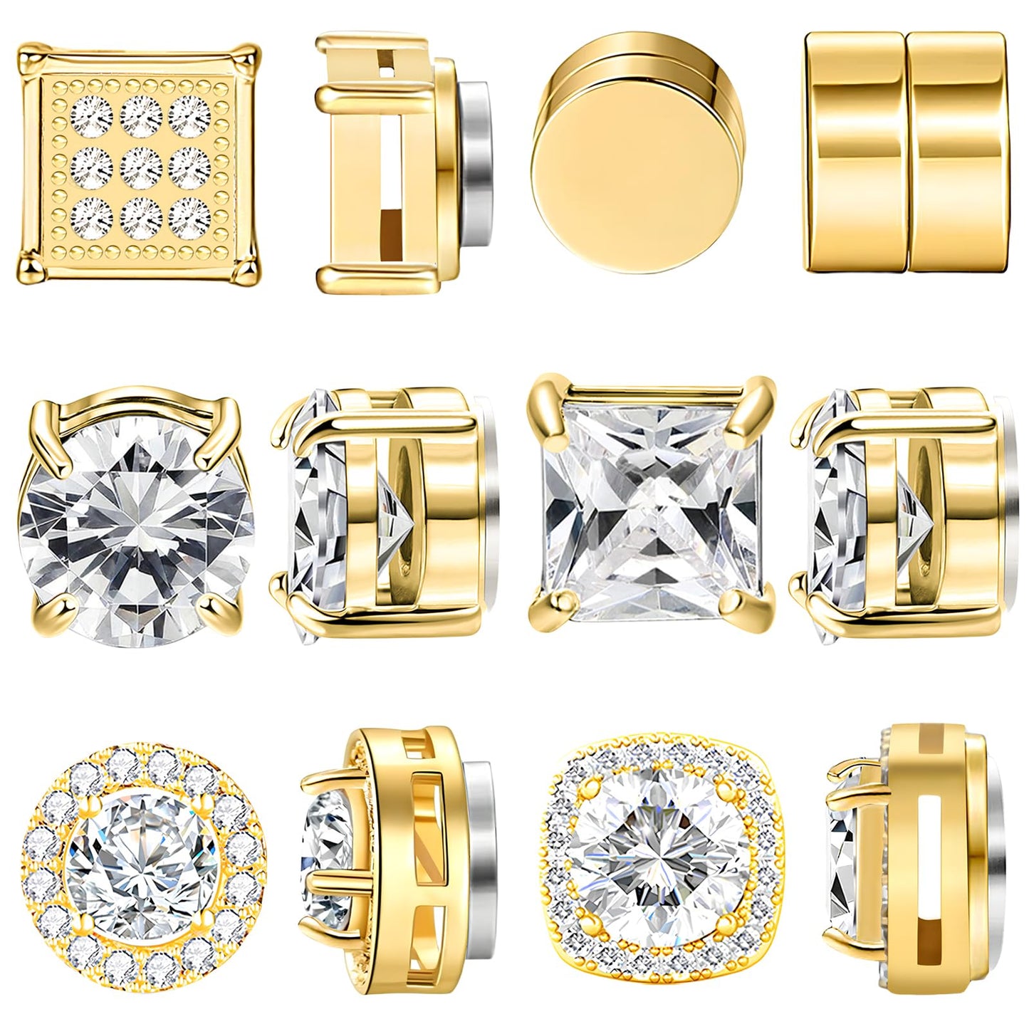 NEWITIN 6 Pairs Stainless Steel Magnetic Stud Earrings for Men Clip on Earring Magnetic Earring Unisex Non Piercing CZ Magnet Studs Diamond Earrings for Women Men