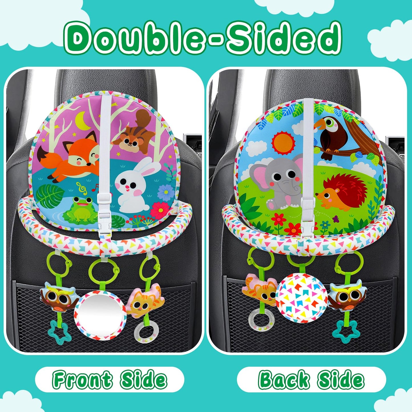 OKOOKO Car Seat Toy Rear Facing Car Seat Toy Baby Travel Toy Double-Sided with Baby Mirror Plush Toys Rattle Teether Thickened Pad Adjustable Sensory Toy for Newborn Infant